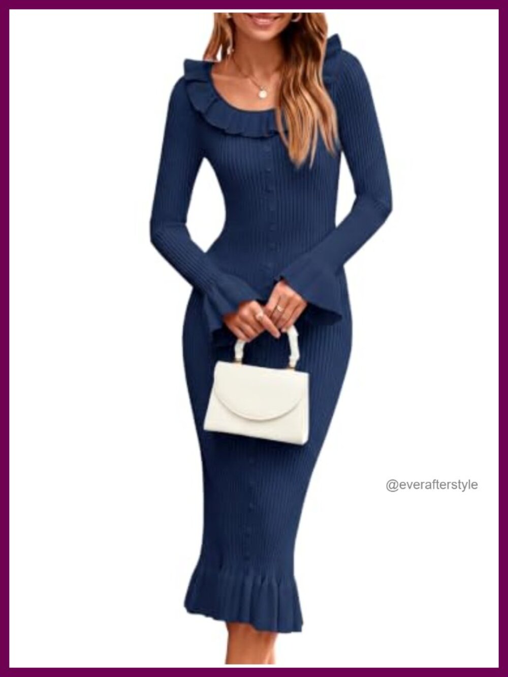 Womens Ribbed Knit Bodycon Midi Sweater Dress Long Sleeve Ruffle